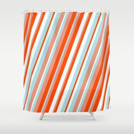 [ Thumbnail: Dark Salmon, Red, Mint Cream, and Powder Blue Colored Lined Pattern Shower Curtain ]