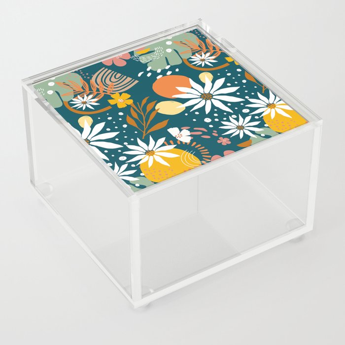 Camomile and monstera emerald green floral pattern Acrylic Box