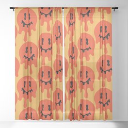 Melted Smiley Faces Trippy Seamless Pattern - Red Sheer Curtain