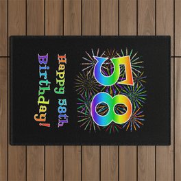[ Thumbnail: 58th Birthday - Fun Rainbow Spectrum Gradient Pattern Text, Bursting Fireworks Inspired Background Outdoor Rug ]