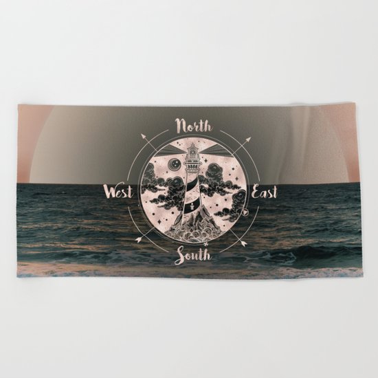 Lighthouse Compass Ocean Sunset Rose Gold Beach Towel