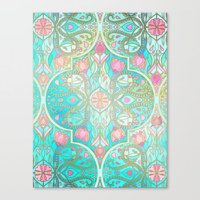 Floral Moroccan in Spring Pastels - Aqua, Pink, Mint & Peach Canvas Print