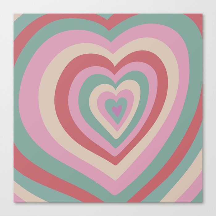 Retro Groovy Love Hearts - mod teal red pink beige Canvas Print