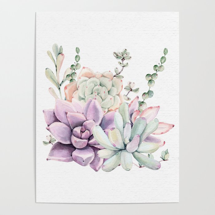 Succulents Sage + Purple Watercolor by Nature Magick Poster