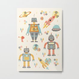 Vintage Inspired Robots in Space Metal Print | Graphicdesign, Retro, Outerspace, Retro Toy, Sci-Fi, Alien, Stars, Science Fiction, Planet, Robot 