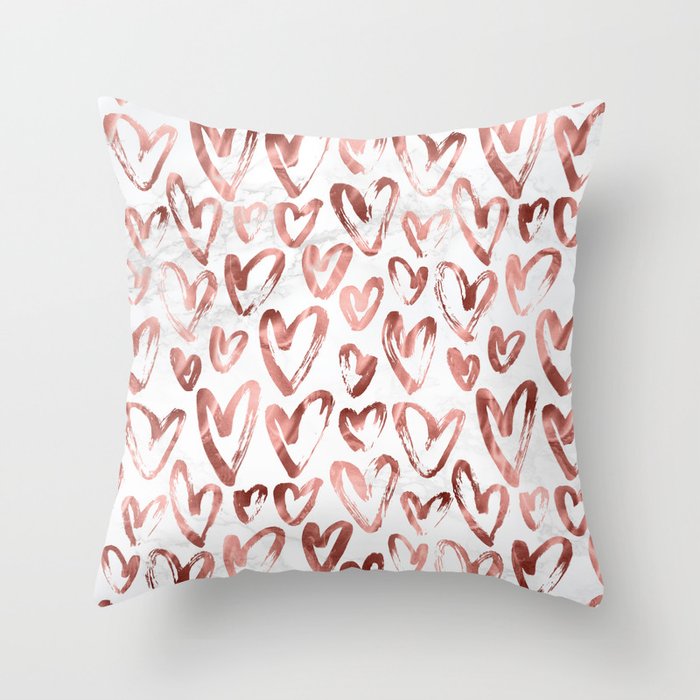 Rose Gold Love Hearts on Marble Throw Pillow
