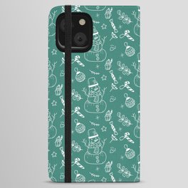 Green Blue and White Christmas Snowman Doodle Pattern iPhone Wallet Case