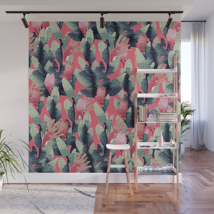 Coral Pink Navy Blue Mint Green Watercolor Floral Wall Mural By Pink Water