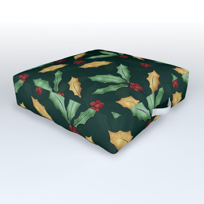 Gold Green Holly Leaves Red Berries Forest Green Design Outdoor Floor Cushion