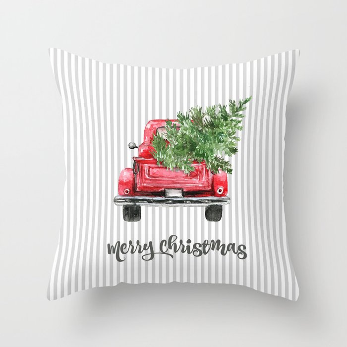 Red Truck With Christmas Tree Throw Pillow by FolkNFunky Society6
