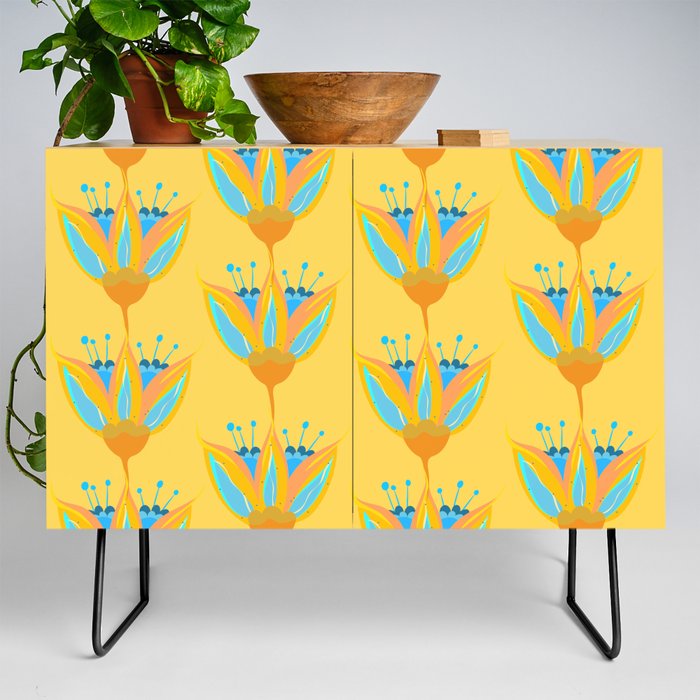 Abstract Colorful Floral Art Pattern in Turquoise and Yellow Credenza