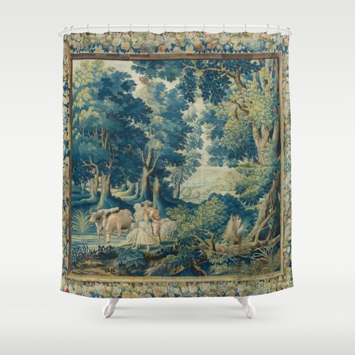 Antique 17th Century Flemish Verdure Lovers Landscape Tapestry Shower Curtain