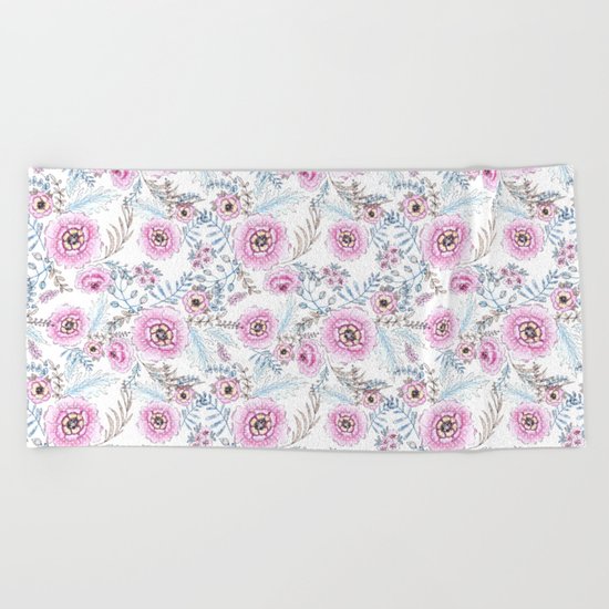 Watercolor . Pink flowers . Beach Towel