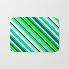 [ Thumbnail: Lime, Light Sky Blue, Mint Cream, Dark Turquoise & Dark Green Colored Lines/Stripes Pattern Bath Mat ]