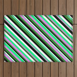 [ Thumbnail: Green, Violet, Forest Green, Black, and White Colored Stripes Pattern Outdoor Rug ]