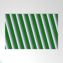 [ Thumbnail: Eyecatching Blue, Sienna, Sky Blue, Mint Cream & Dark Green Colored Stripes/Lines Pattern Welcome Mat ]
