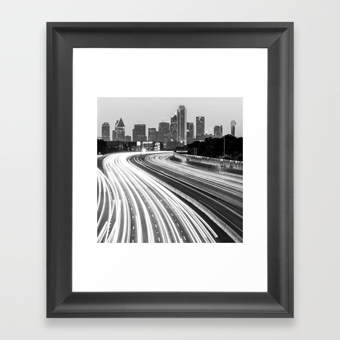 Dallas Skyline Traffic Black and White - Square 1x1 Format Framed Art Print