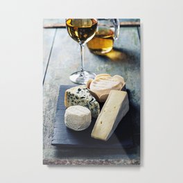 Various types of cheese and white wine Metal Print