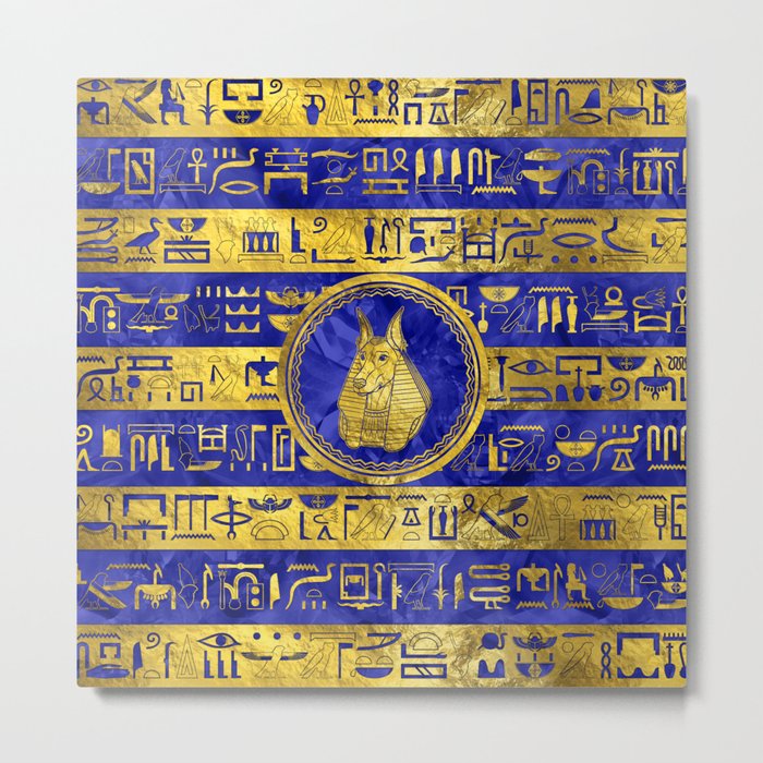 Golden Anubis  with hieroglyphs on blue Metal Print