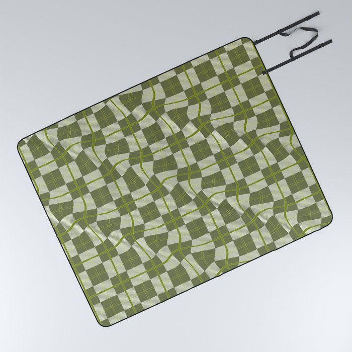 Warped Checkerboard Grid Illustration Olive Garden Green Picnic Blanket