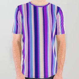 [ Thumbnail: Colorful Blue, Dark Violet, Cornflower Blue, Beige, and Plum Colored Lined Pattern All Over Graphic Tee ]