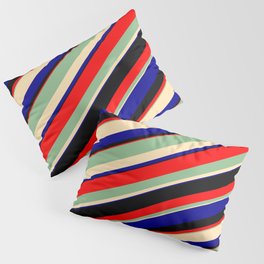 [ Thumbnail: Dark Sea Green, Beige, Dark Blue, Black & Red Colored Lines/Stripes Pattern Pillow Sham ]