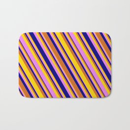 [ Thumbnail: Chocolate, Yellow, Violet, and Blue Colored Lined/Striped Pattern Bath Mat ]