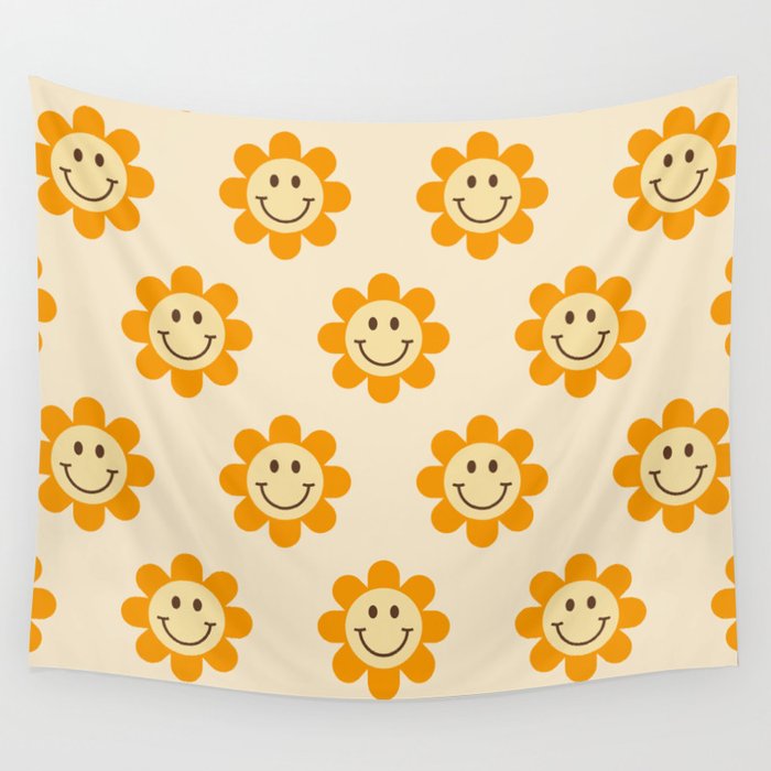 70s Retro Smiley Floral Face Pattern in yellow and beige Wall Tapestry