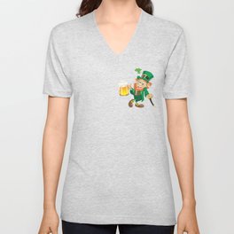 St Patrick leprechaun with cup of beer and cane V Neck T Shirt