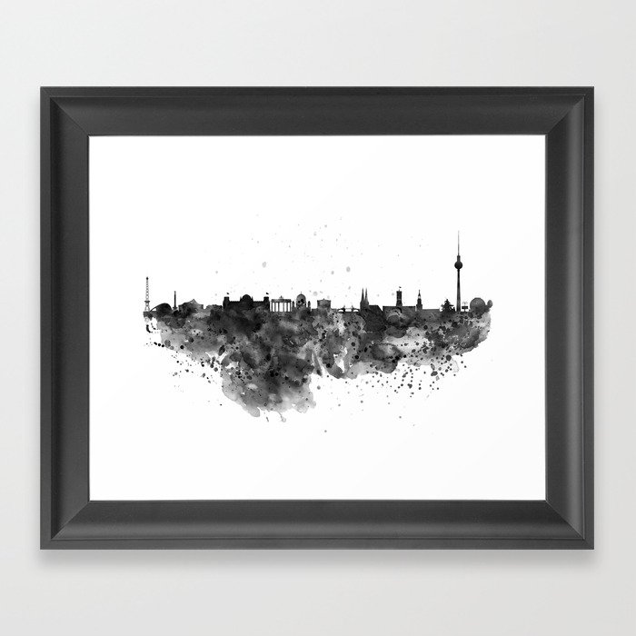 Black and white Berlin watercolor skyline Framed Art Print