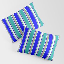 [ Thumbnail: Blue, Tan, Light Sea Green, and White Colored Striped Pattern Pillow Sham ]