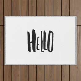 Handwritten Hello - Simple Black and White Watercolor Outdoor Rug