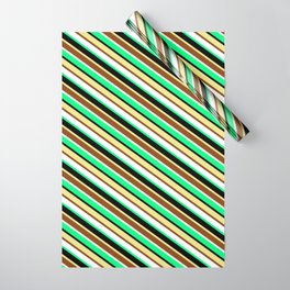 [ Thumbnail: Eyecatching Green, Black, Tan, Brown, and White Colored Stripes Pattern Wrapping Paper ]