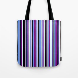 [ Thumbnail: Cornflower Blue, Purple, Light Cyan, and Black Colored Stripes Pattern Tote Bag ]