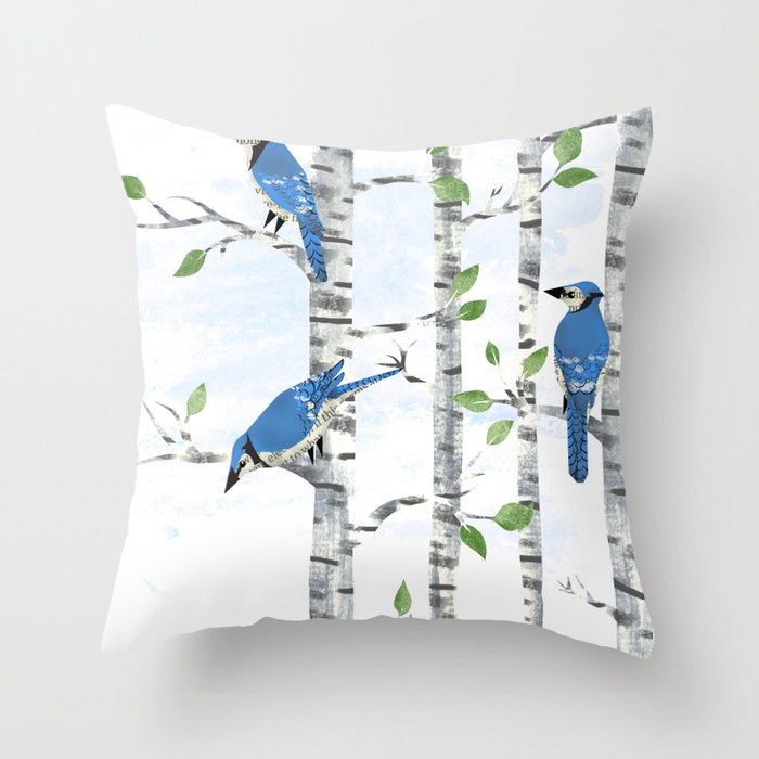 Fox and Blue Jay Birds Throw Pillow