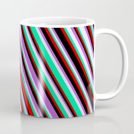 [ Thumbnail: Lavender, Green, Red, Black & Orchid Colored Lines/Stripes Pattern Coffee Mug ]