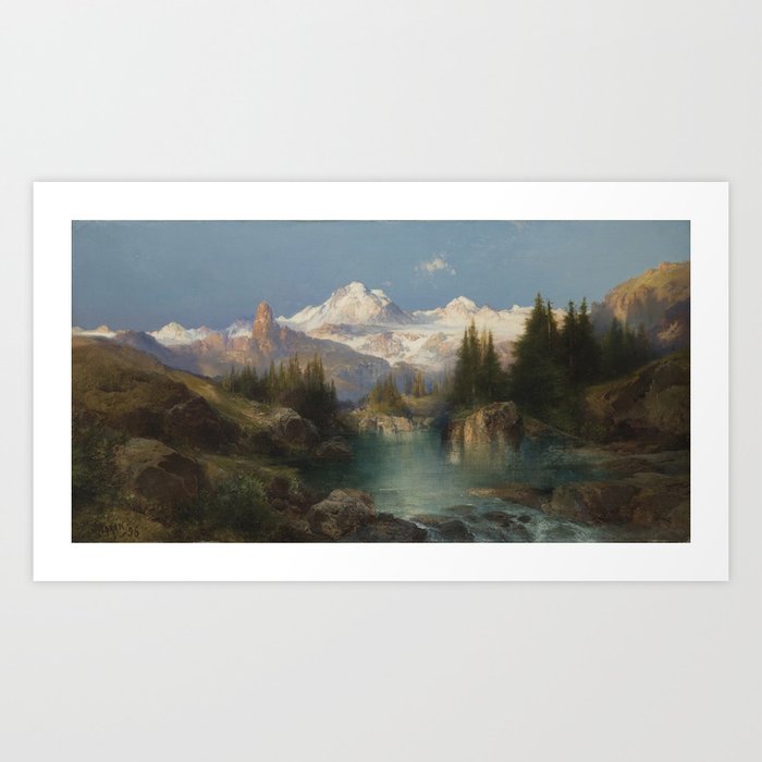 Snow-capped Rocky Mountains landscape painting by Thomas Moran Art Print