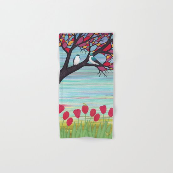 tree swallows in the stained glass tree with tulips and frogs Hand & Bath Towel