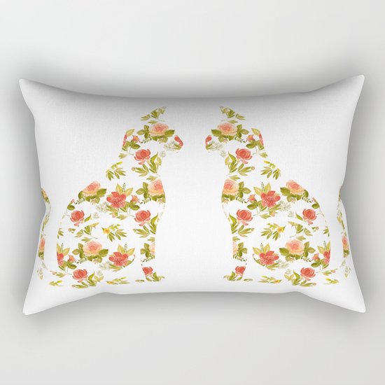 Roses and Peonies Cat Silhouette Rectangular Pillow