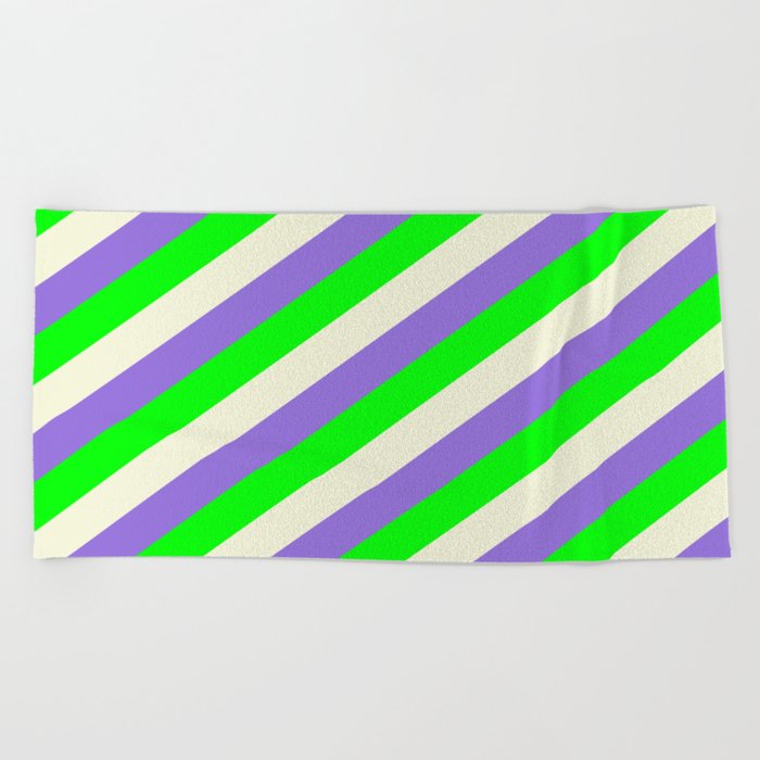 Purple, Lime, and Beige Colored Lines/Stripes Pattern Beach Towel
