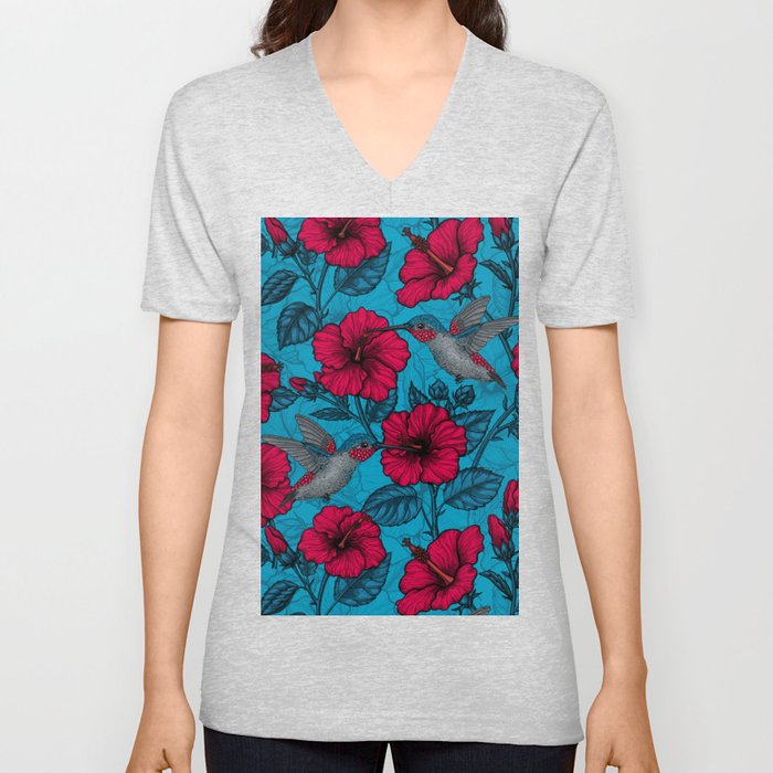 Red hibiscus and hummingbirds, tropical garden on light blue V Neck T Shirt
