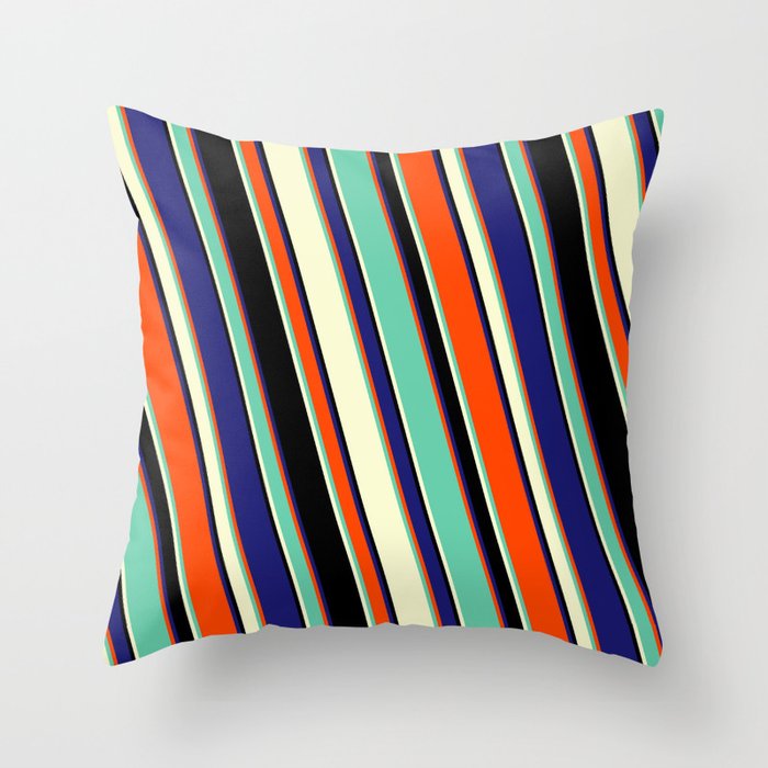 Red, Aquamarine, Light Yellow, Black & Midnight Blue Colored Lines/Stripes Pattern Throw Pillow