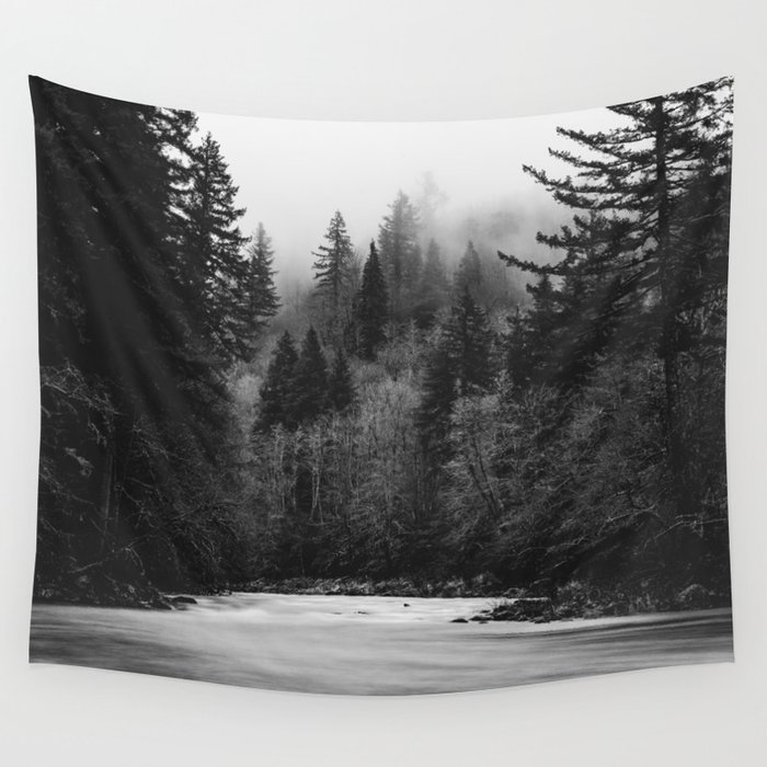Pacific Northwest River - Black and White Nature Photography Wall Tapestry