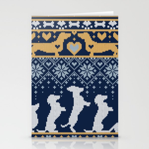 Fair Isle Knitting Doxie Love // navy blue background white and yellow dachshunds dogs bones paws and hearts Stationery Cards