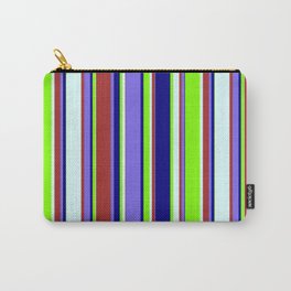 [ Thumbnail: Colorful Brown, Medium Slate Blue, Blue, Chartreuse & Light Cyan Colored Striped/Lined Pattern Carry-All Pouch ]
