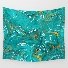 Teal and orange marble texture, turquoise abstract fluid art Wall Tapestry