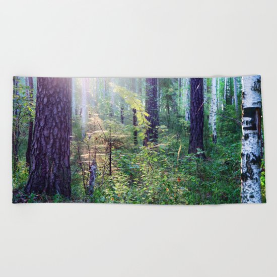 Sunny morning in the forest Beach Towel