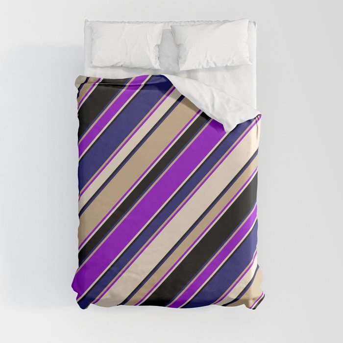Eye-catching Tan, Dark Violet, Beige, Black, and Midnight Blue Colored Lined/Striped Pattern Duvet Cover