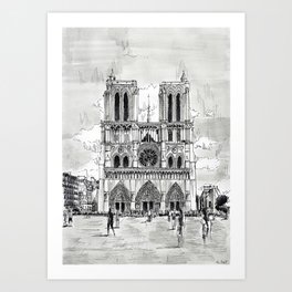 Notre Dame Paris drawing Art Print | Blackandwhite, Lines, Streetscape, Drawing, Quasimodo, Place, Paris, Drawn, Painting, Line 