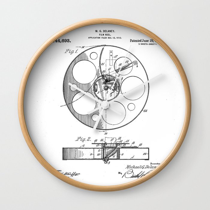 Film Reel Patent - Classic Cinema Art - Black And White Wall Clock